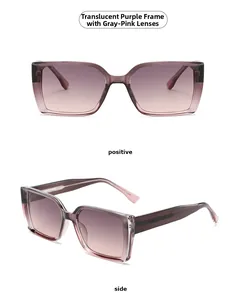 Detail view of transparent purple square sunglasses with grey pink gradient lenses