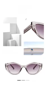 Détail de lunettes œil-de-chat avec monture grise et verres dégradés violets
