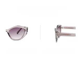 Détail de lunettes de soleil œil-de-chat avec verres dégradés violets et branche tressée
