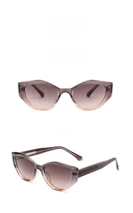 Vue de face et de profil de lunettes de soleil œil-de-chat avec monture gris-brun
