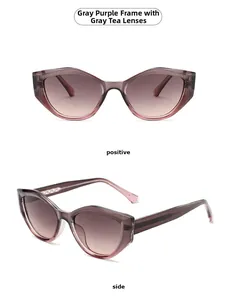 Vue détaillée des lunettes de soleil œil de chat avec monture gris-violet et verres dégradés