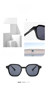 Détail de lunettes de soleil carrées noires avec flèche argentée sur la branche