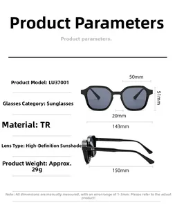 Spécifications détaillées des dimensions pour lunettes de soleil carrées noires avec monture TR