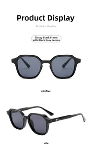 Vues de face et de profil de lunettes de soleil carrées noires avec décor en métal V