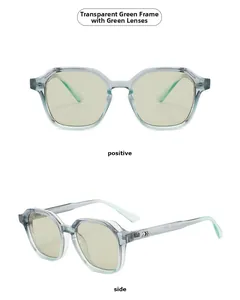 Vues de face et de profil de lunettes de soleil carrées vert transparent avec charnières