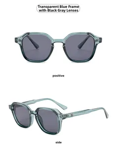 Détail de lunettes de soleil carrées avec monture bleu glace et charnières métalliques en V