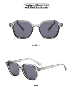 Vues de face et de côté des lunettes de soleil carrées gris transparent avec verres gris