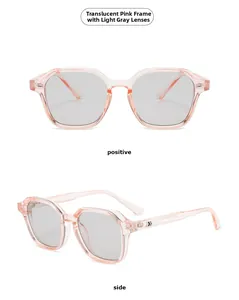 Vues de face et de profil des lunettes de soleil carrées rose transparent à verres gris