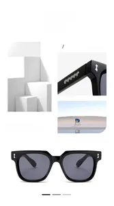 Detail der quadratischen schwarzen Acetat-Sonnenbrille mit silbernen Metallelementen