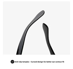 Detail der eckigen Sonnenbrille mit rutschfesten Bügeln für ergonomischen Komfort und Sitz