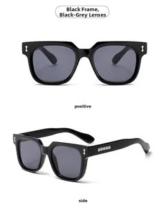 Vorder- und Seitenansicht der schwarzen quadratischen Sonnenbrille mit silbernen Nieten