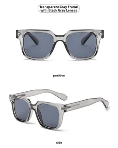 Detaillierte Vorder- und Seitenansicht der quadratischen Sonnenbrille mit grauem Transparentrahmen