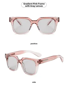 Details einer quadratischen Sonnenbrille mit rosa Farbverlauf und grauen Gläsern