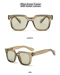 Vorder- und Seitenansicht der olivgrünen quadratischen Sonnenbrille mit grünen Gläsern