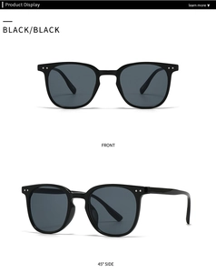 Front and side view of classic black square sunglasses with silver temple accents