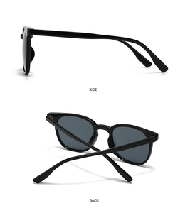 Detailed side and back views of classic black square sunglasses with polished frames