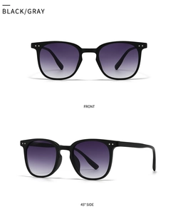 Front and 45-degree side views of black square sunglasses with purple gradient lenses