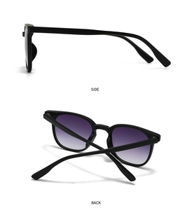 Detail view of square sunglasses with black matte frames and purple gradient lenses