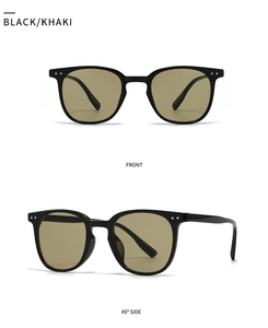 Front and 45-degree side views of classic black square sunglasses with khaki lenses