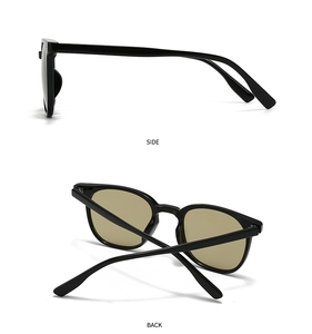 Detailed side and back view of classic square black frame sunglasses with yellow lenses