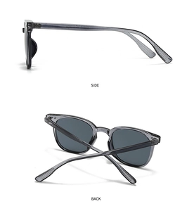 Detailed side and back views of modern square sunglasses with grey translucent frames