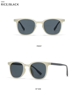 Front and 45-degree side view of retro square sunglasses with metal rivet details