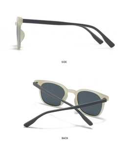 Detailed side and back views of classic square sunglasses with beige frames and gray lenses