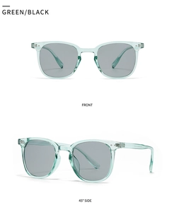 Front and side view of square green sunglasses with grey lenses and metal hinges