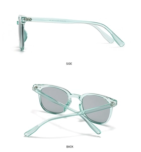 Close-up of model BC-55003 square sunglasses with transparent green frames and grey lenses