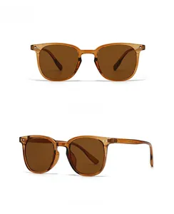 Front and 45-degree side view of classic square translucent amber sunglasses