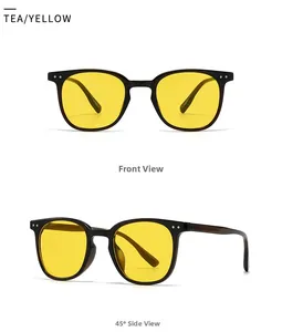 Detail view of square unisex sunglasses with yellow lenses and tea-colored frames