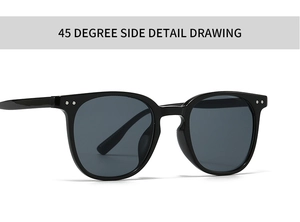 45-degree side view of classic square black sunglasses with silver rivet accents