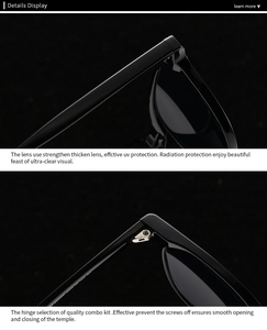 Detail of durable metal hinges and reinforced UV protection lenses on black square sunglasses