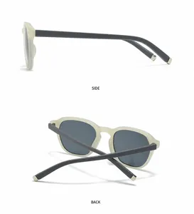 Zij- en achteraanzicht van retro zonnebril met crème frame en matte donkergrijze pootjes