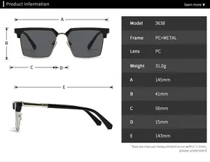 Tabella delle taglie per occhiali da sole quadrati con dimensioni in PC e metallo