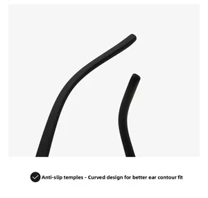 Detailed macro view of matte black non-slip glasses temples with ergonomic curved design