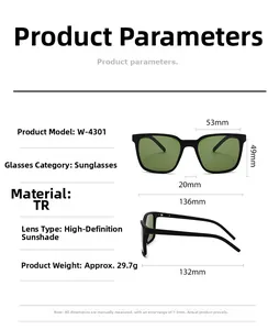 Detailed technical diagram of model W-4301 sunglasses with TR frame and HD lenses