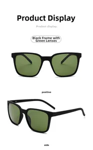 Front and side views of matte black sunglasses with dark green lenses on white background