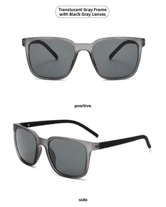Modern semi-transparent grey sunglasses with dark grey lenses in front and side views