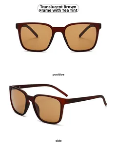 Front and side views of transparent coffee sunglasses with tea lenses in a square frame