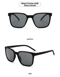 Detail view of matte black rectangle sunglasses with dark grey lenses in front and side views