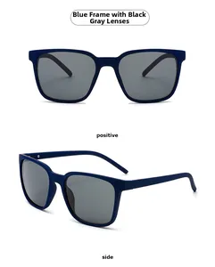 Front and side view of square matte blue sunglasses with grey lenses on white background