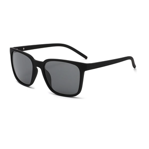 Modern black matte square sunglasses with dark polarized lenses and metal hinge details