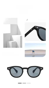 Macro detail of retro round sunglasses featuring silver rivet accents and tinted lenses