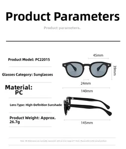 Detailed dimension guide for vintage round sunglasses PC22015 with frame measurements