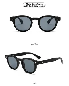Detailed front and side view of matte black round sunglasses with dark grey lenses