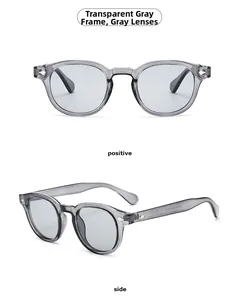 Front and side view of trendy transparent grey round sunglasses in a modern retro style
