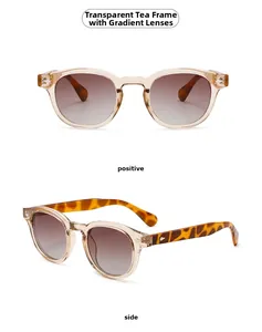 Front and side view of tea-colored round sunglasses with leopard print temples