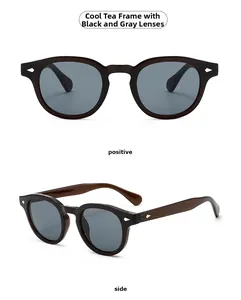 Retro round sunglasses in tea color frame with dark grey lenses and silver diamond rivets