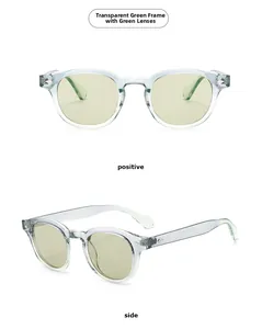 Front and side views of vintage round green transparent frame sunglasses for women